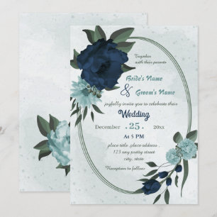Dusty blue &navy flowers geometric wedding invitation
