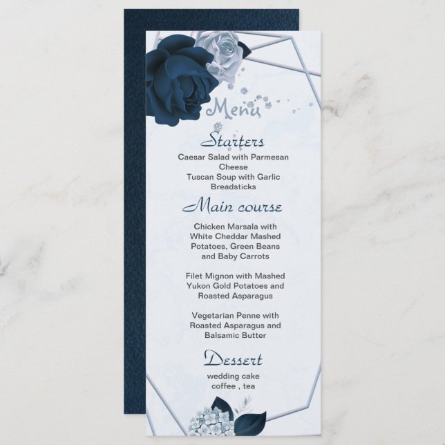 dusty blue & navy flowers geometric wedding menu (Front/Back)