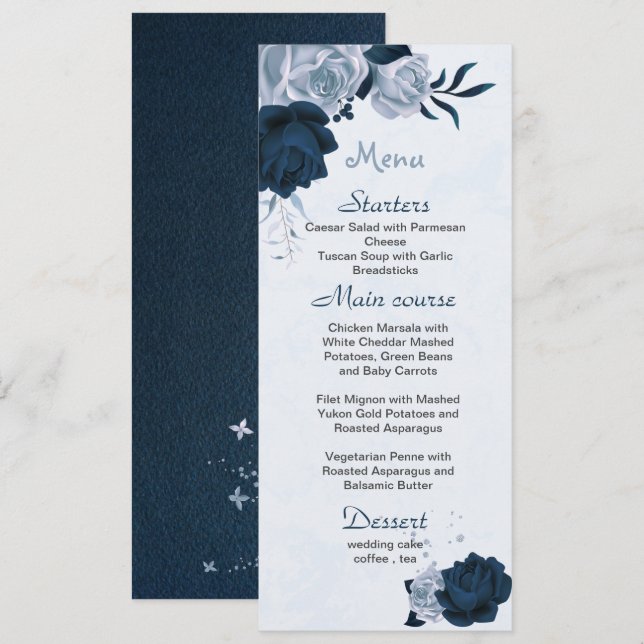 dusty blue & navy flowers & leaves wedding menu (Front/Back)