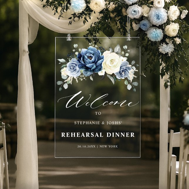 Dusty Blue Navy  Ivory Rehearsal Dinner Welcome (Dusty Blue Navy Ivory Floral Rehearsal Dinner Welcome Acrylic Sign)