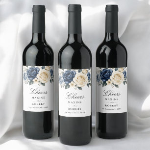 Dusty Blue Navy & Ivory Rose Floral Wedding Wine Label