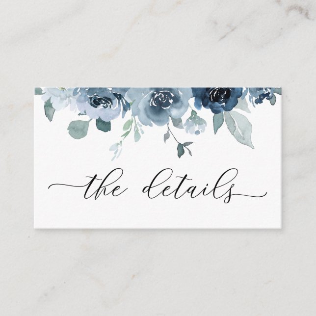 Dusty Blue Navy Pastel Flowers Wedding Details Enclosure Card (Front)