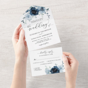 Dusty Blue Navy Slate Floral Wedding Details RSVP  All In One Invitation