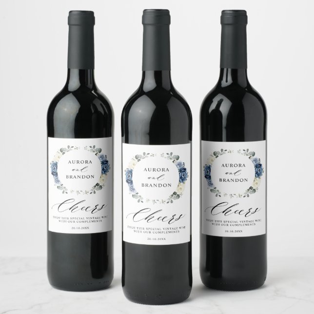 Dusty Blue Navy Sparkling Wine Ivory Floral Weddin Wine Label (Bottles)