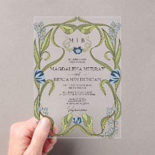 Dusty Blue Navy Vintage Art Nouveau Floral Wedding Acrylic Invitations