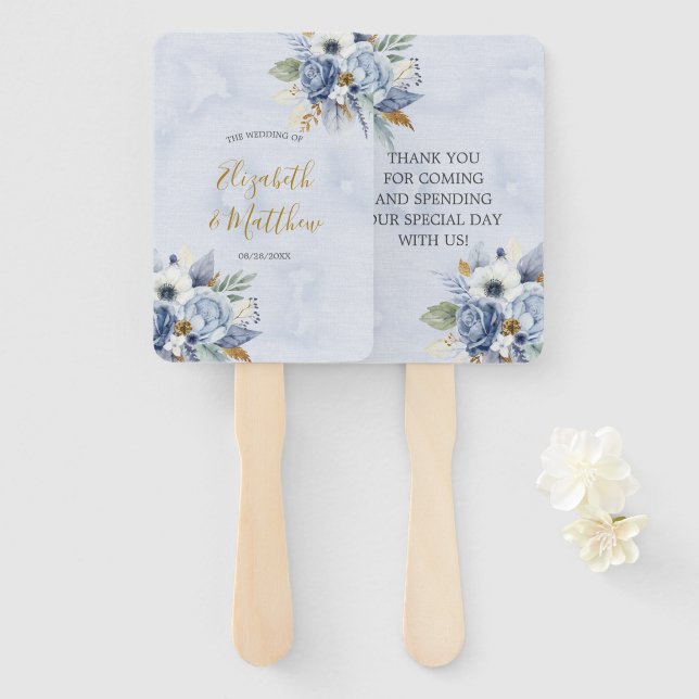 Dusty Blue Navy Watercolor Chic Peony Wedding Hand Fan (Front and Back)
