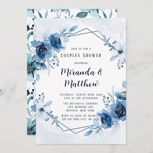 Dusty Blue Navy Watercolor Floral Couples Shower Invitation (Front/Back)