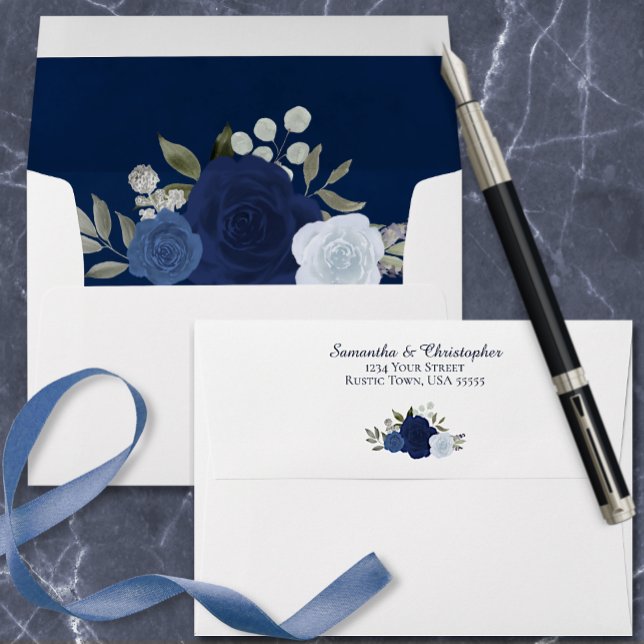 Dusty Blue Navy Watercolor Floral Elegant Wedding Envelope (Creator Uploaded)