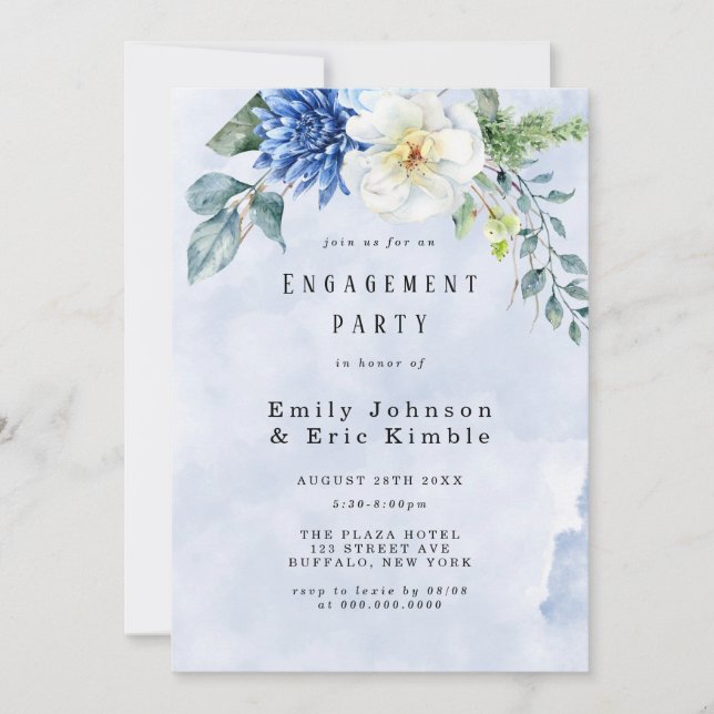 Dusty Blue Navy Watercolor Floral Engagement Party Invitation (Front)