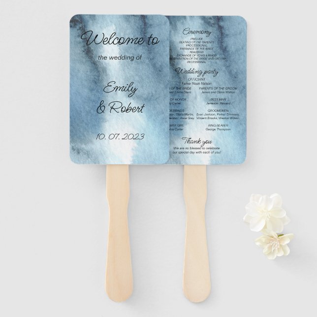 Dusty blue navy watercolor hand fan (Front and Back)