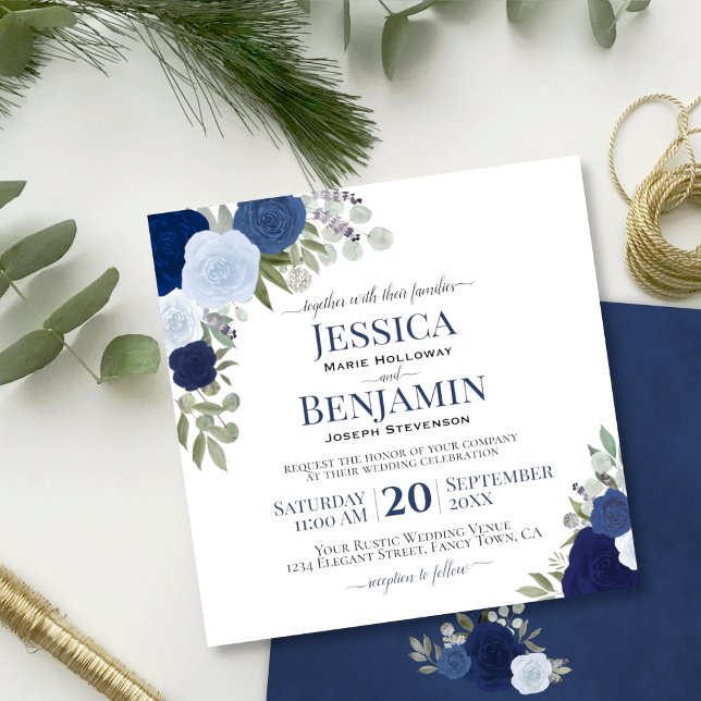 Dusty Blue & Navy Watercolor Roses Elegant Wedding Invitation (Creator Uploaded)