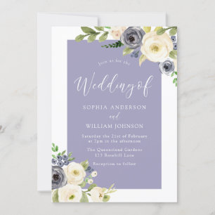 Dusty Blue Navy & White Flowers Wedding Invitation