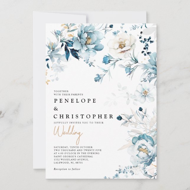 Dusty Blue Navy White Ivory Gold Floral Wedding Invitation (Front)