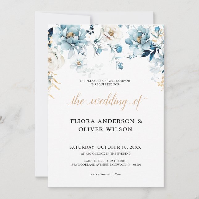 Dusty Blue Navy White Ivory Gold Floral Wedding Invitation (Front)