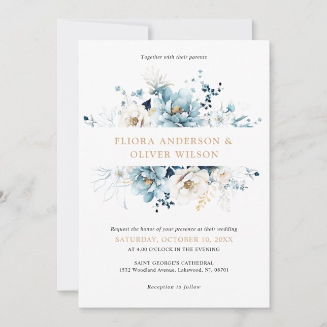 Dusty Blue Navy White Ivory Gold Floral Wedding Invitation (Front)