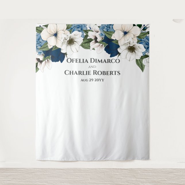 Dusty Blue Navy White Watercolor Wall Backdrop Tapestry (Front)