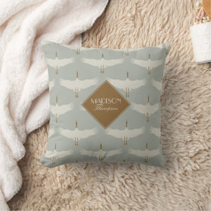 Dusty Blue Neutral Birds Cranes Art Deco Monogram Throw Pillow
