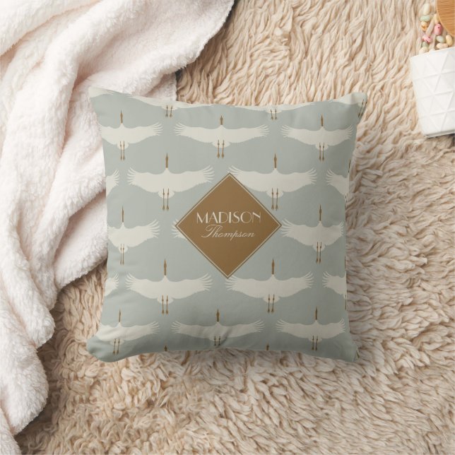 Dusty Blue Neutral Birds Cranes Art Deco Monogram Throw Pillow (Blanket)