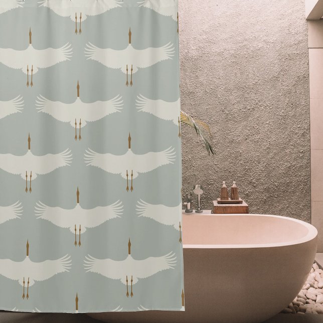Dusty Blue Neutral Birds Cranes Art Deco Pattern  (Dusty Blue Neutral Birds Cranes Art Deco Pattern Shower Curtain)