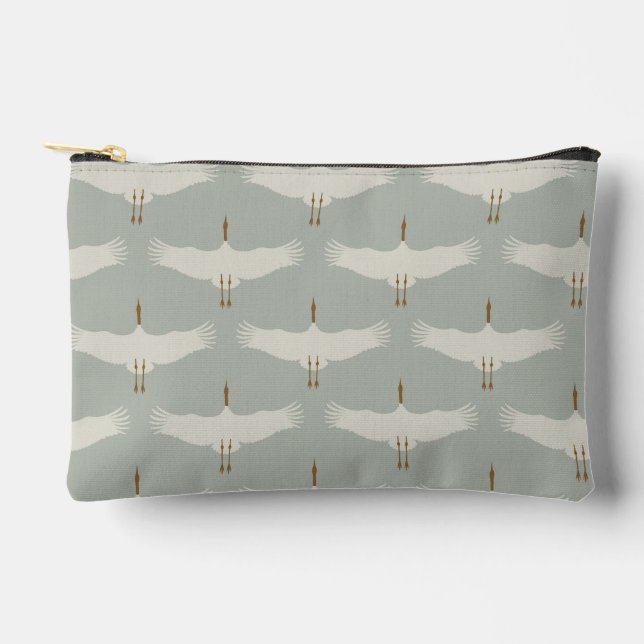 Dusty Blue Neutral Birds Cranes Art Deco Pattern  Accessory Pouch (Front)