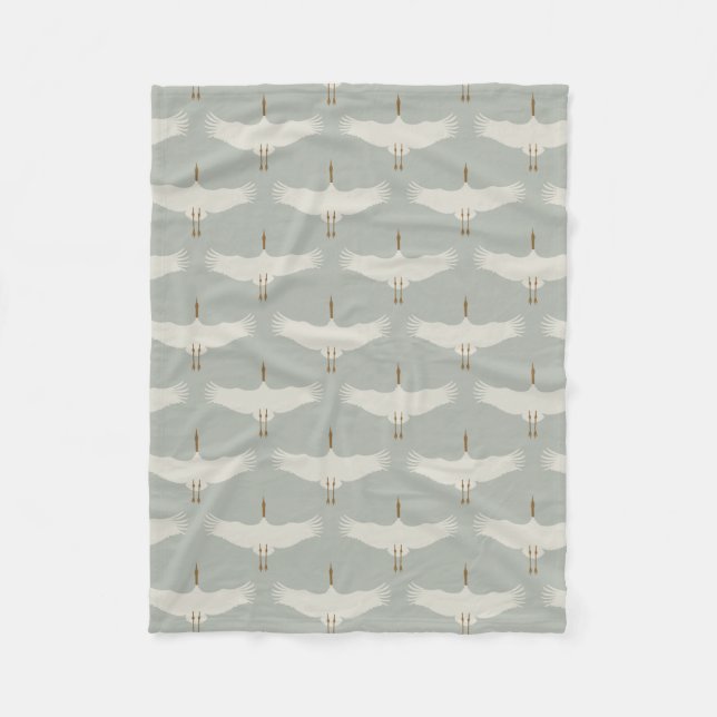 Dusty Blue Neutral Birds Cranes Art Deco Pattern  Fleece Blanket (Front)