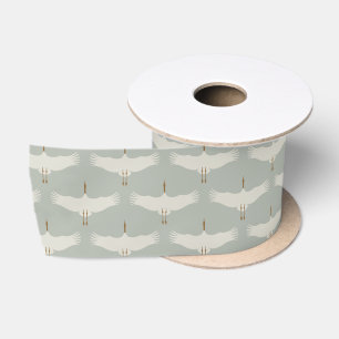 Dusty Blue Neutral Birds Cranes Art Deco Pattern Satin Ribbon
