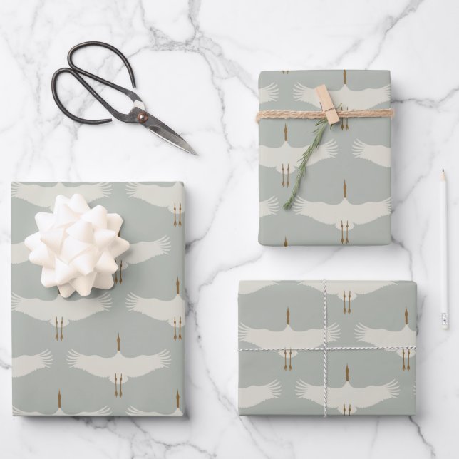 Dusty Blue Neutral Birds Cranes Art Deco Pattern  Wrapping Paper Sheet (Front)