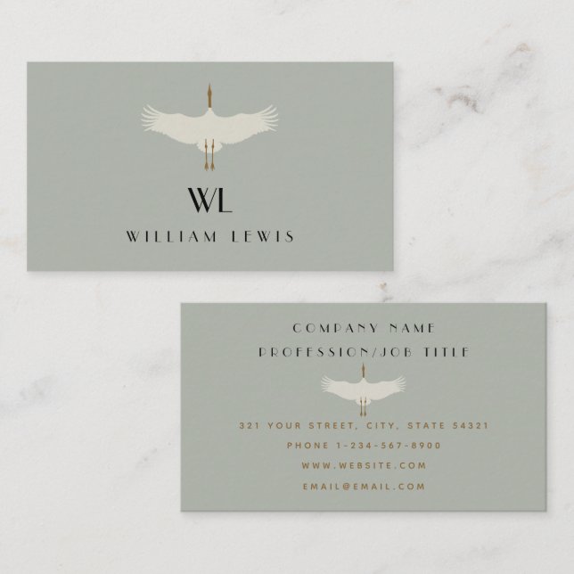 Dusty Blue Neutral Birds Swans Art Deco Monogram Business Card (Front/Back)