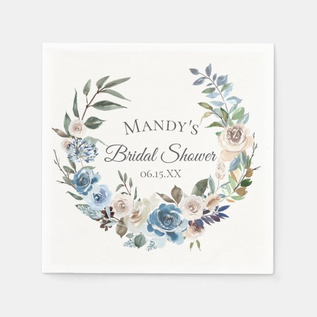 Dusty Blue Neutral Floral Wreath Personalized Napkin (Front)