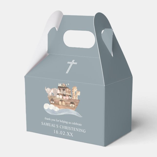 Dusty Blue Noah's Ark Christening Gable Favor Box (Front Side)