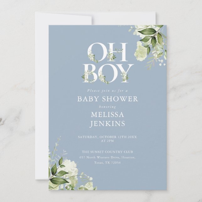 Dusty Blue Oh Boy Greenery QR Code Baby Shower Invitation (Front)