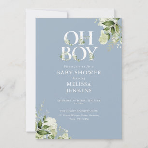 Dusty Blue Oh Boy Greenery QR Code Baby Shower Invitation