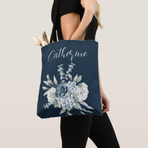 Dusty Blue One Side Script Personalized Name Boho Tote Bag