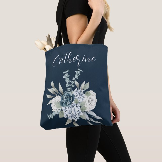 Dusty Blue One Side Script Personalized Name Boho  Tote Bag (Close Up)