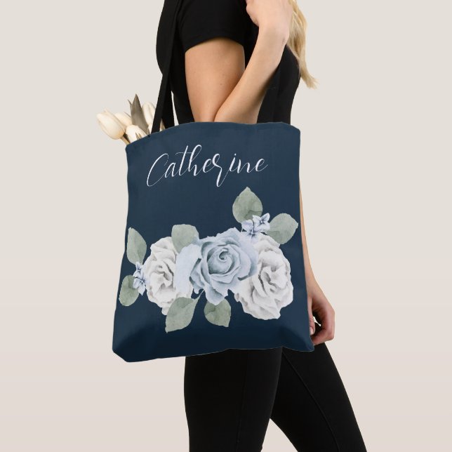 Dusty Blue One Side Script Personalized Name Boho  Tote Bag (Close Up)