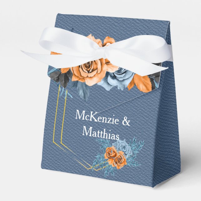 Dusty Blue Orange Gold Peony Rose Wedding Favor Box (Front Side)