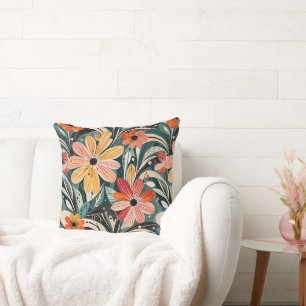 Dusty Blue & Orange Vintage Modern Floral Throw Pillow
