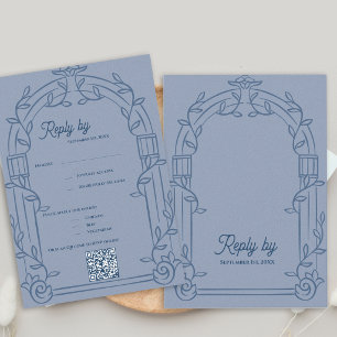 Dusty Blue Ornate Arch Botanical Wedding Reply  RSVP Card