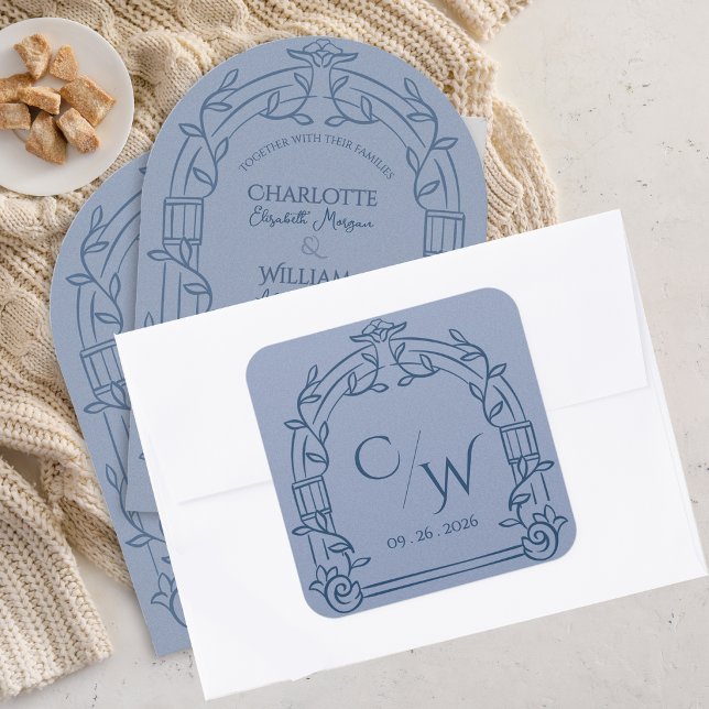 Dusty Blue Ornate Arch Botanical Wedding Square Sticker (Dusty Blue Ornate Arch Botanical Wedding Envelope Square Sticker Monogram Seal)
