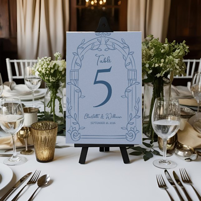 Dusty Blue Ornate Arch Wedding Table Number Card (Dusty Blue Ornate Arch Botanical Wedding Table Number Card Elegant Reception Decor)