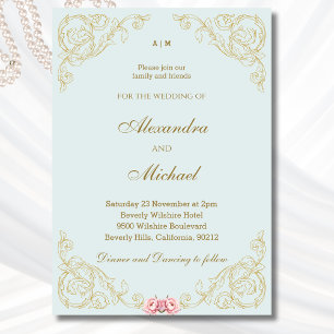 Dusty Blue Ornate Vintage Baroque Wedding Invitation