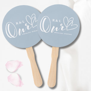 Dusty Blue Our Hearts Wedding / Anniversary Hand Fan