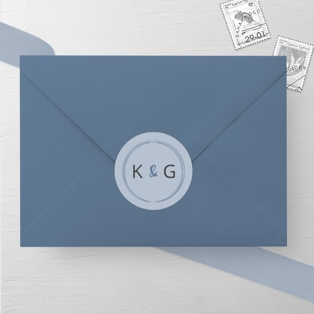 Dusty Blue Oval Monogram Wedding Classic Round Sticker (Creator Uploaded)