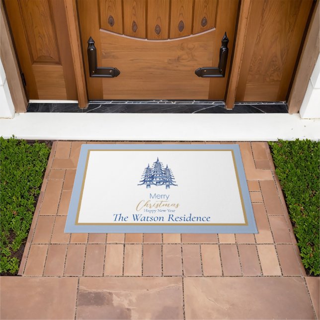 Dusty Blue Pagoda Christmas Trees Door Mat (Outdoor)
