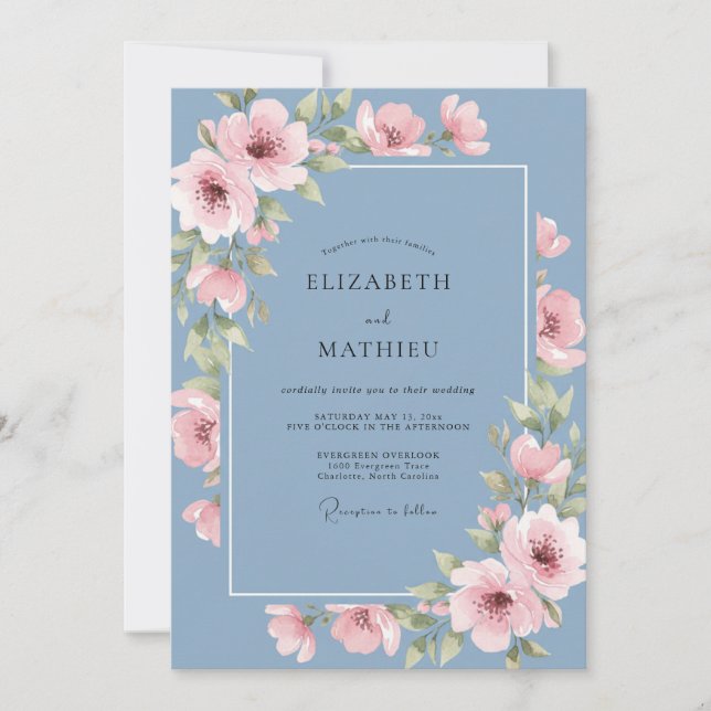 Dusty Blue Painted Blossom Wedding Invitation (Front)