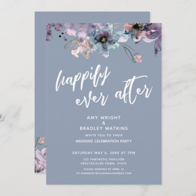 Dusty Blue Painted Floral Happily Ever After Invitation (Front/Back)