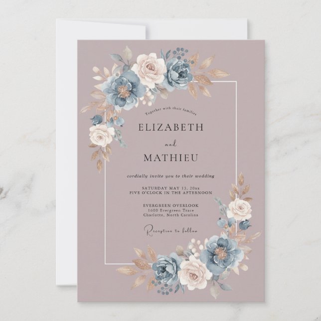 Dusty Blue Painterly Bouquet Wedding Invitation (Front)