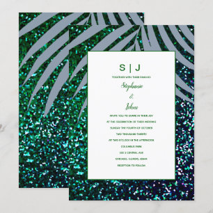 Dusty Blue Palm Leaf Emerald Green Glitter Wedding Invitation