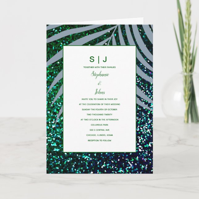Dusty Blue Palm Leaves Green Glitter Wedding Invitation (Front)