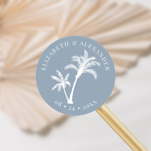 Dusty Blue Palm Tree Beach Tropical Wedding Classic Round Sticker